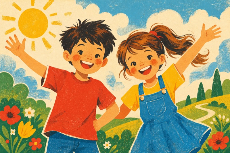 Postcard artwork of two happy kids in Screenprint poster style