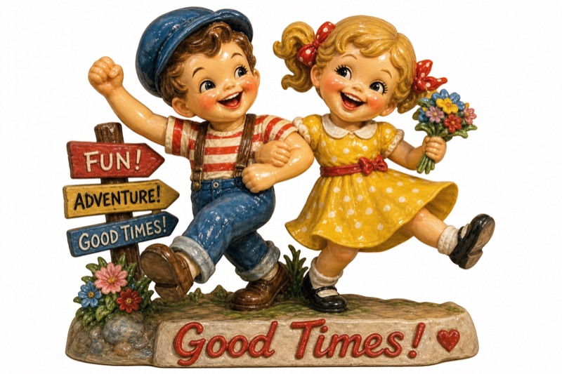 Postcard artwork of two happy kids in Souvenir shop kitsch style