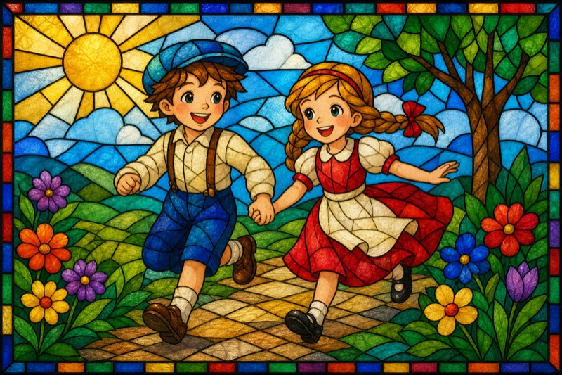 Postcard artwork of two happy kids in Stained glass style