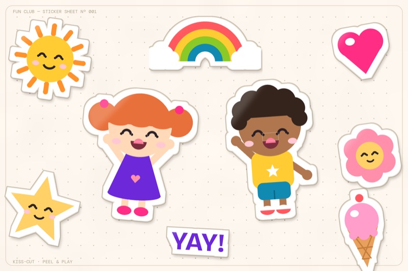 Postcard artwork of two happy kids in Sticker sheet style