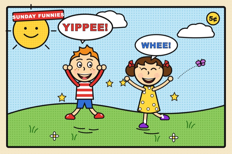 Postcard artwork of two happy kids in Sunday funnies style