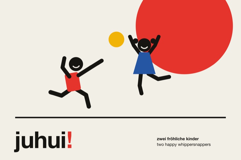 Postcard artwork of two happy kids in Swiss poster style