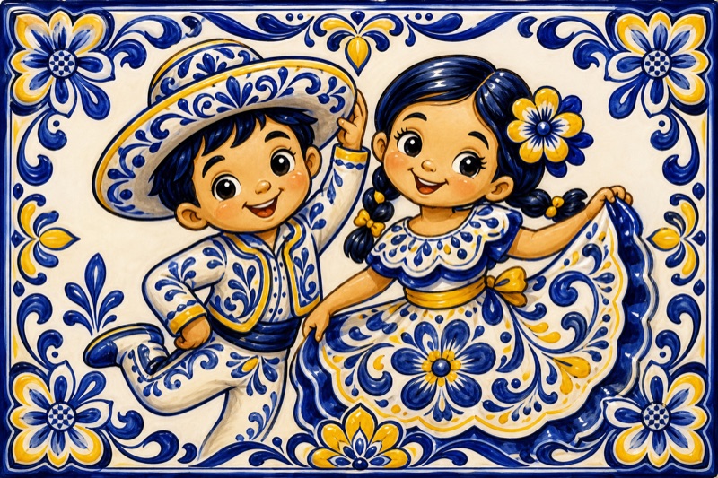 Postcard artwork of two happy kids in Talavera ceramic style