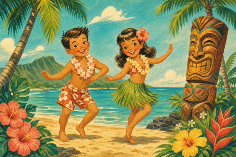 Postcard artwork of two happy kids in Tiki postcard style