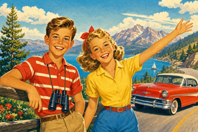 Postcard artwork of two happy kids in Tourist brochure retro style