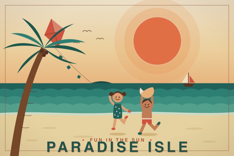 Postcard artwork of two happy kids in Tropical resort poster style