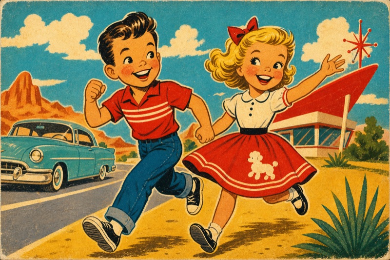 Postcard artwork of two happy kids in Vintage matchbook art style
