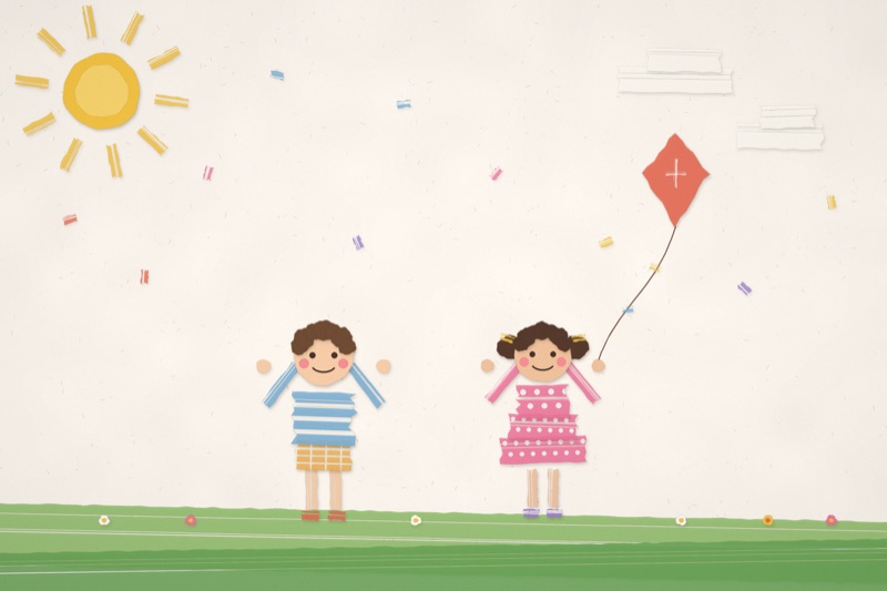 Postcard artwork of two happy kids in Washi tape collage style