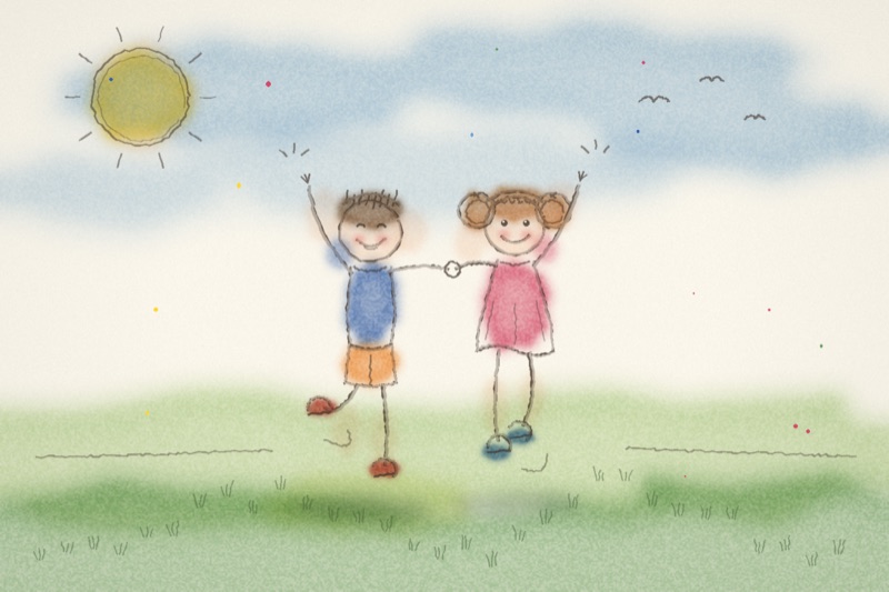 Postcard artwork of two happy kids in Watercolor sketch style